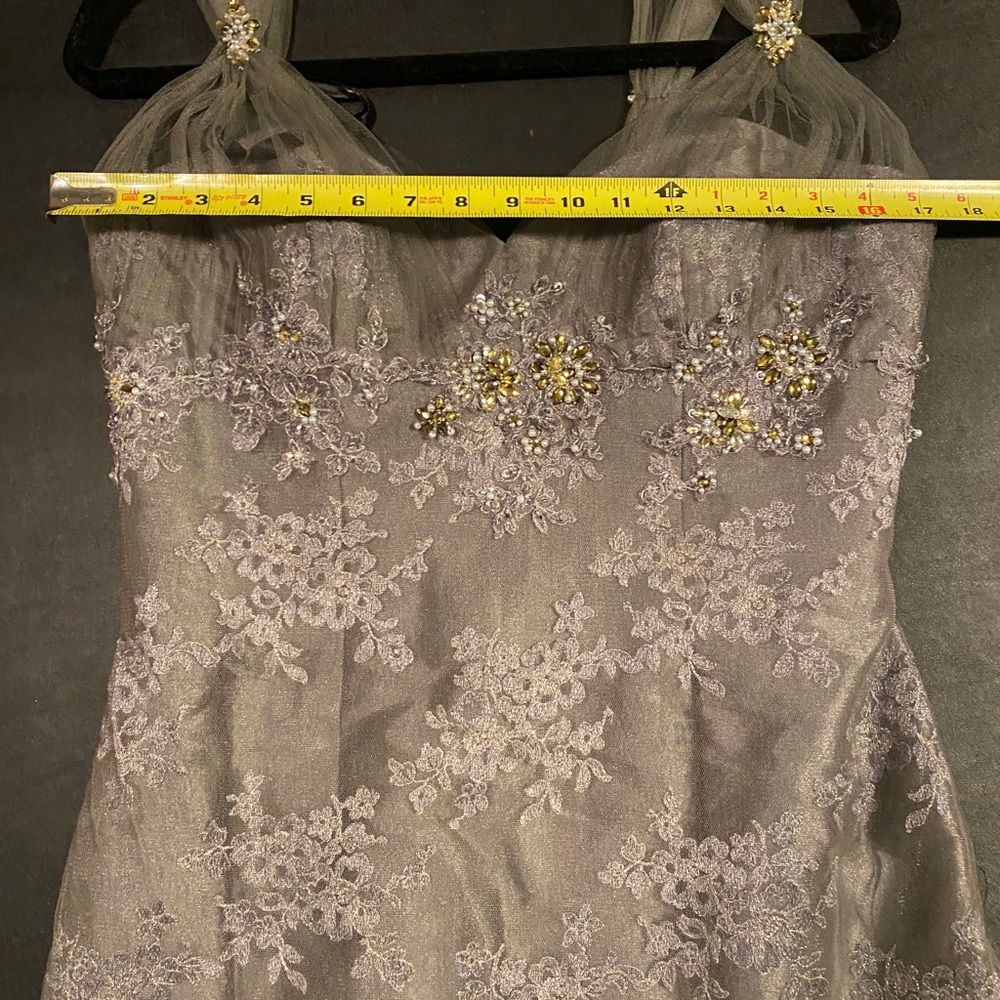Montage by Mon Cheri - Silver Embroidered Grey/Gold Sequin Tulle Gown Size 10 - Picture 16 of 17